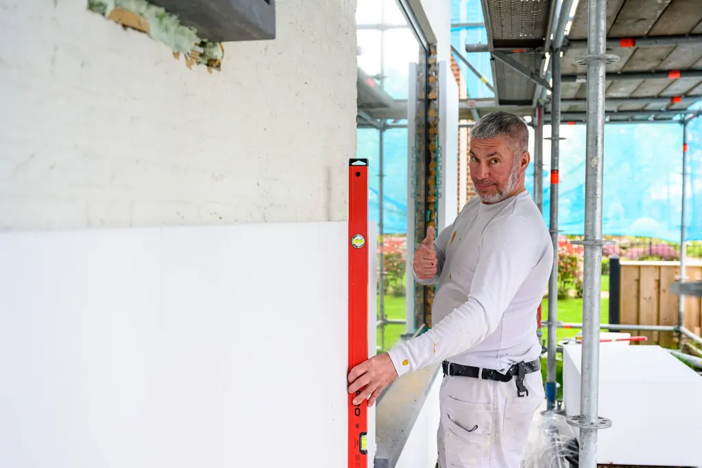 Stukadoor van Helmex controleert met een waterpas de isolatie op de steiger